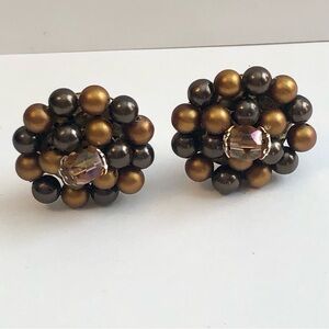 Japan cluster bead earrings clip back bronze brown colors amber middle vintage